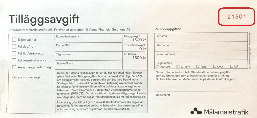 Fee notice with control number in the top right corner