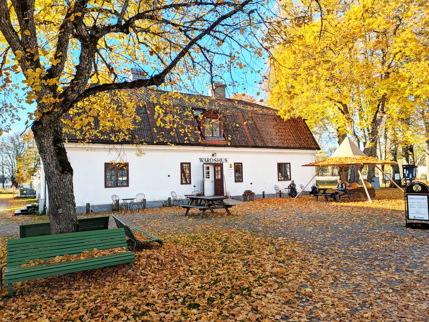Vit historisk byggnad med omgiven i träd i höstfärger