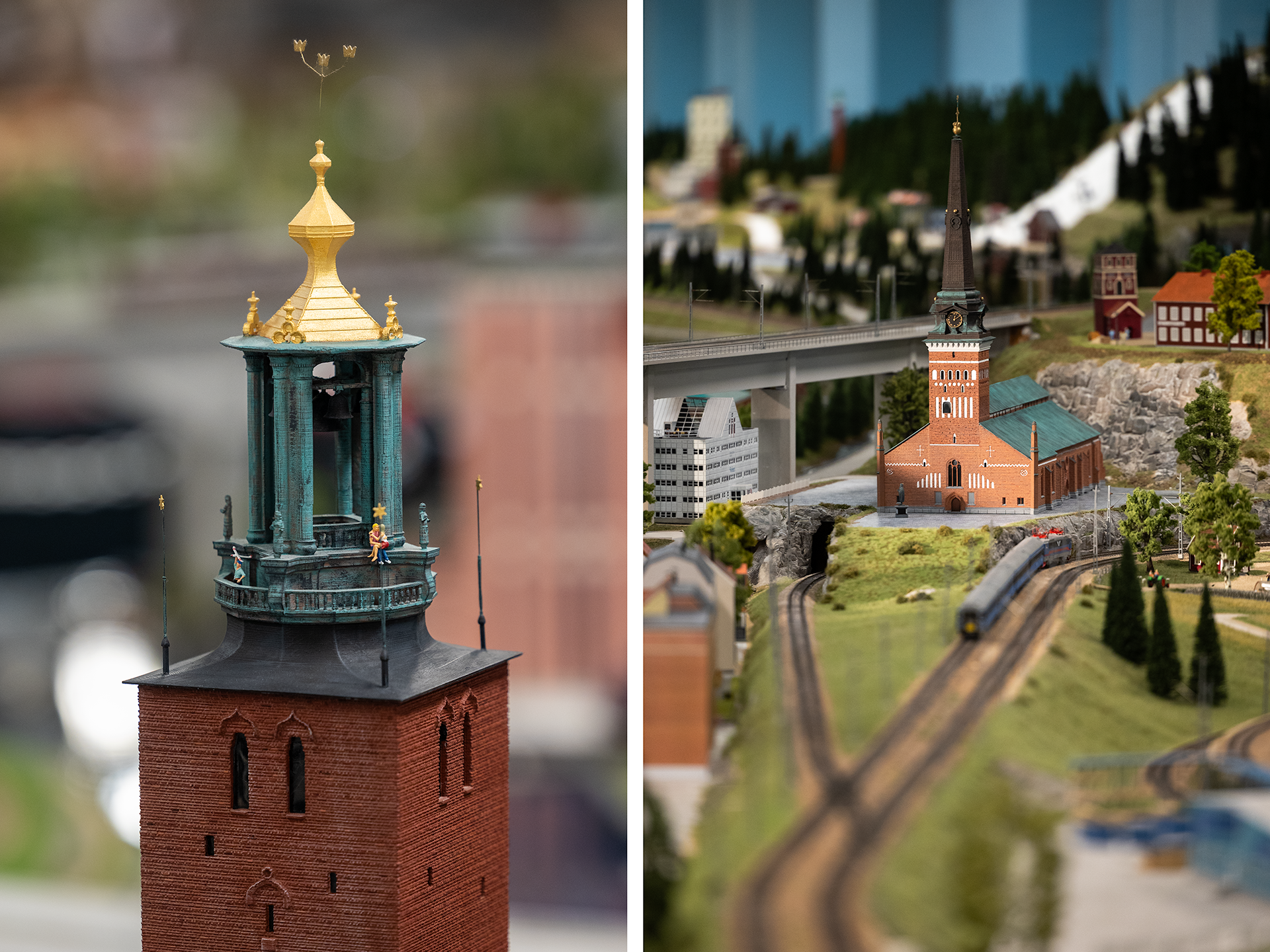 Bilden visar två olika scener. Till vänster visas en närbild av toppen på Stadshuset i Stockholm, med en guldfärgad kupol och en väderflöjel ovanpå. Tornet är byggt i röd tegelsten och har gröna detaljer. Till höger visas en modelljärnväg med ett tåg som kör genom ett landskap med träd, byggnader och broar.